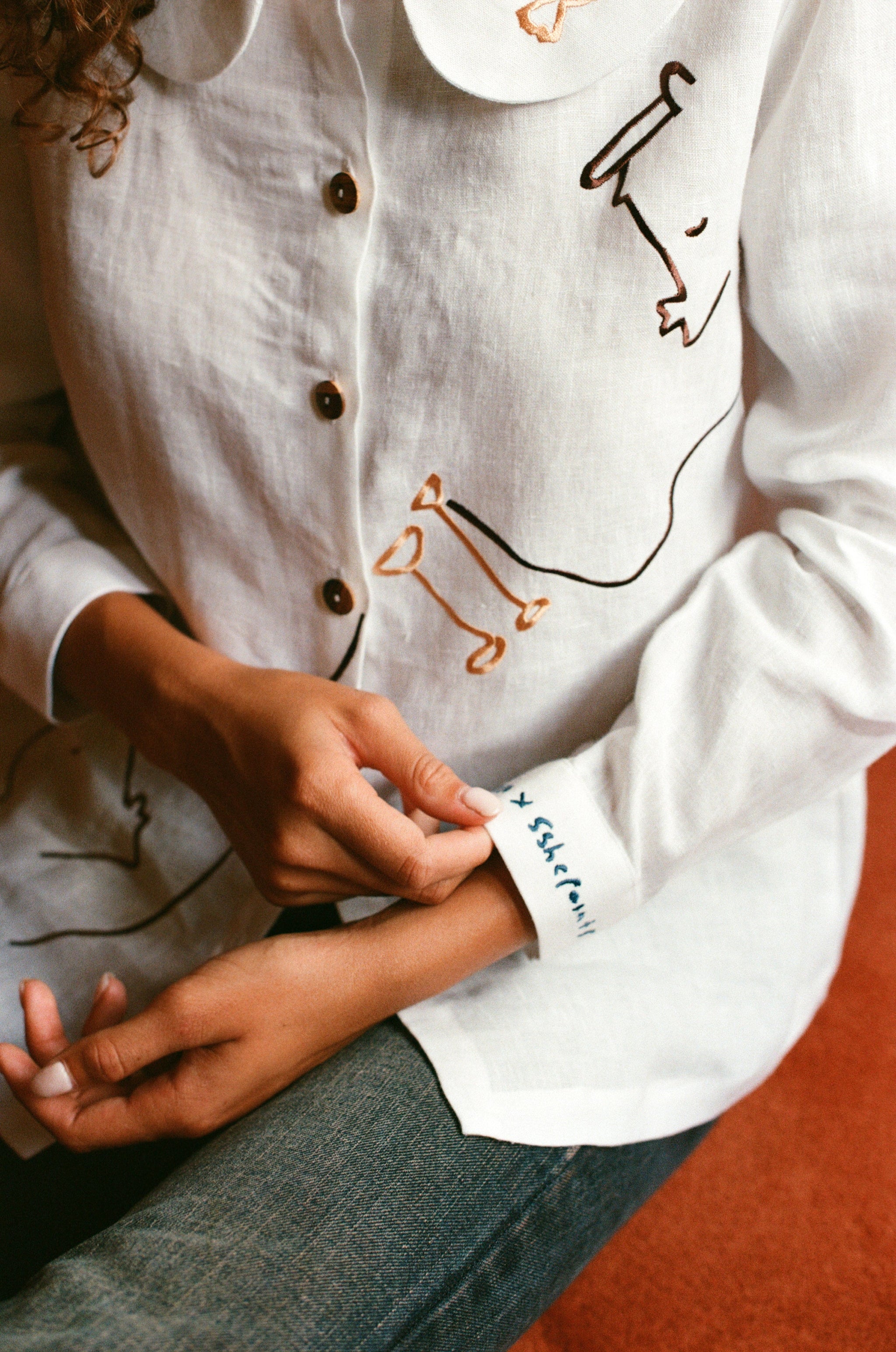 Eat Together Embroidered Claudine Linen Blouse - White  x Sshepaints