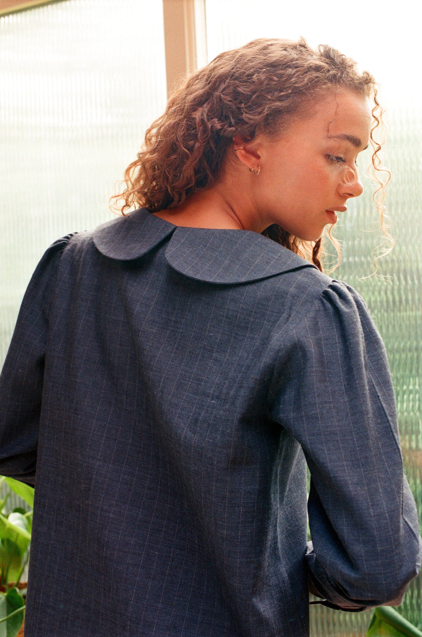 Claudine Wool Linen Overshirt  - Navy Pinstripe