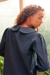 Claudine Wool Linen Overshirt  - Navy Pinstripe