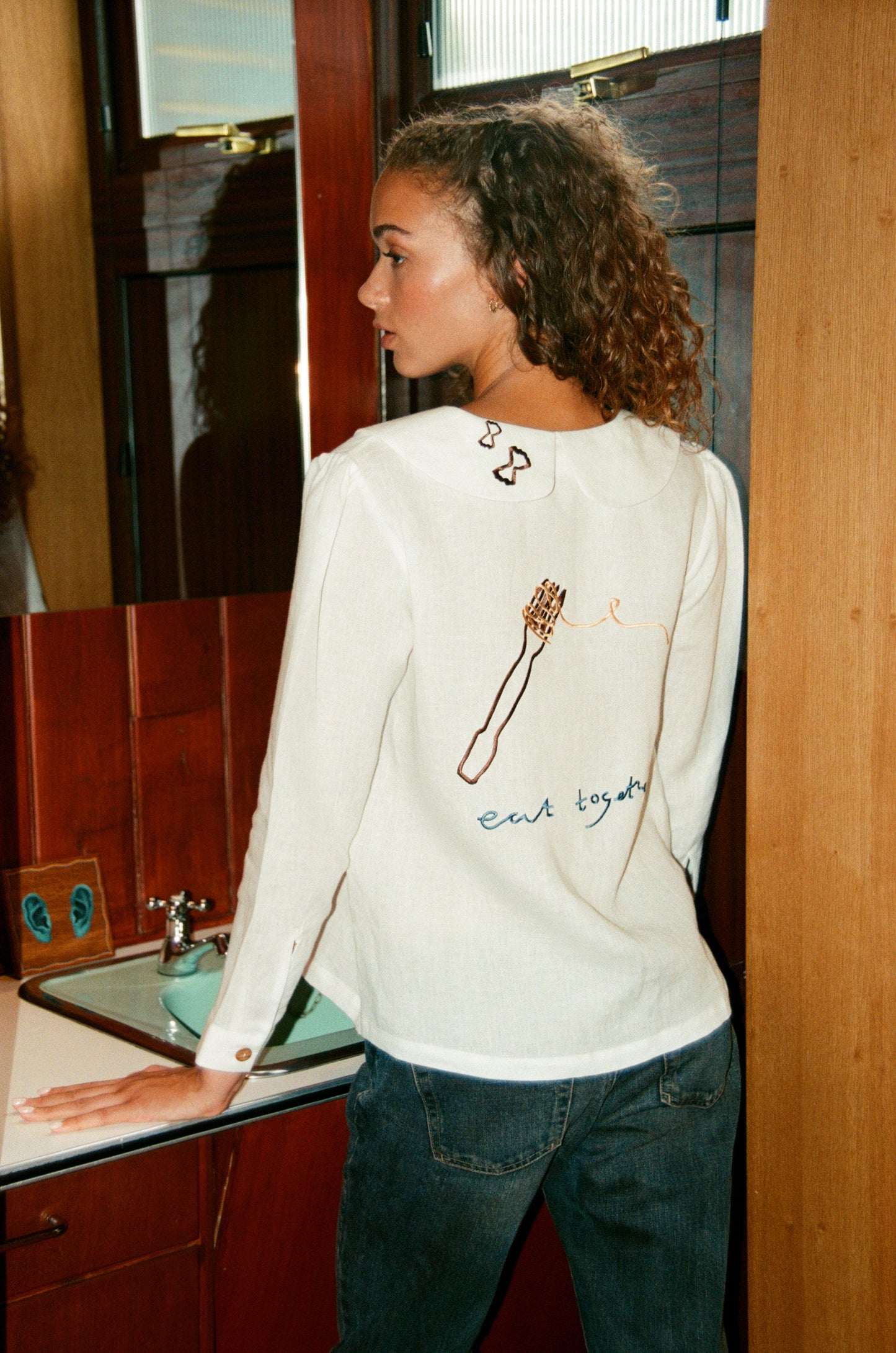 Eat Together Embroidered Claudine Linen Blouse - White  x Sshepaints