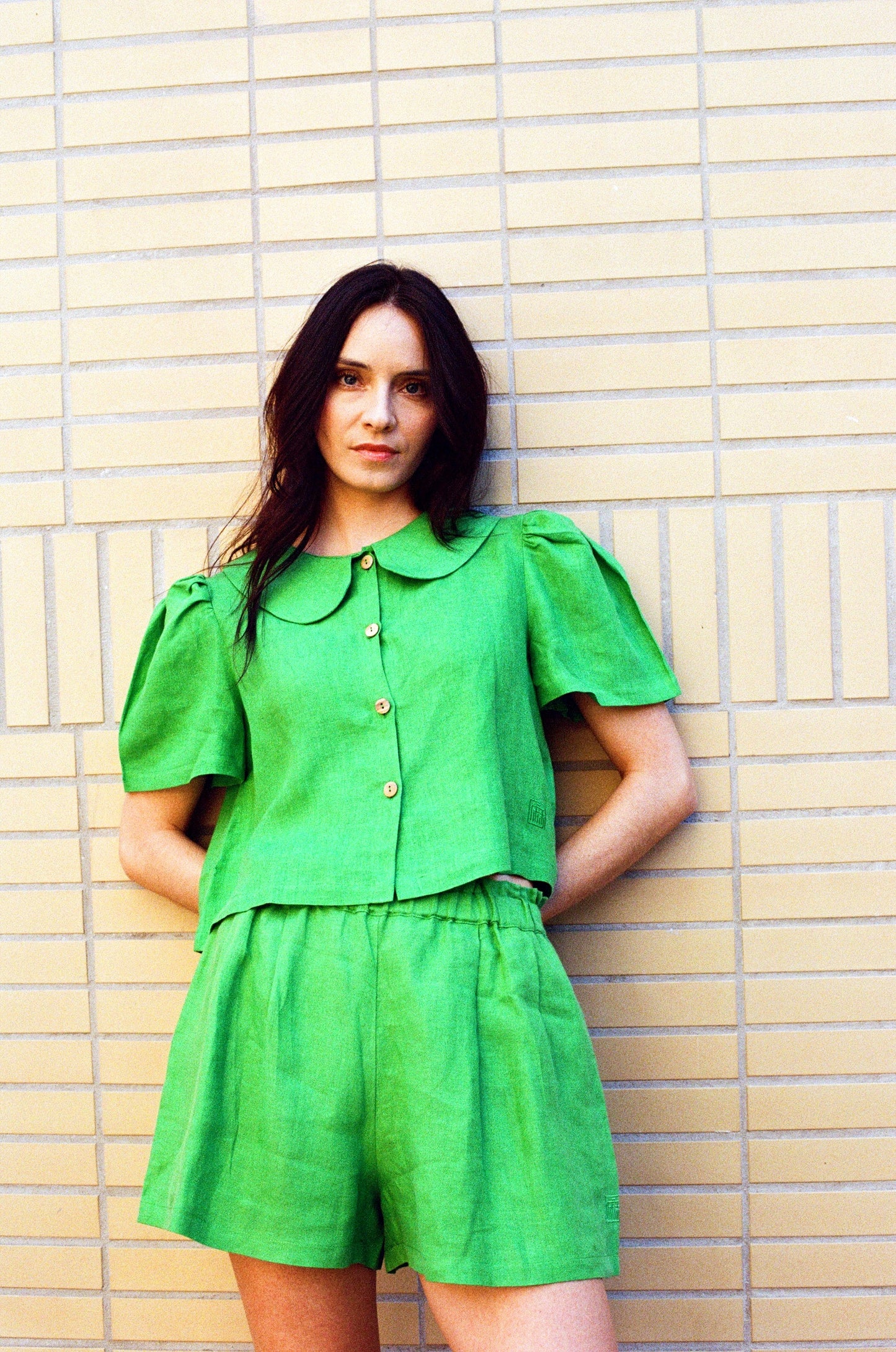 Frances Linen Cropped Blouse  - Jade - Delivery from April 2026