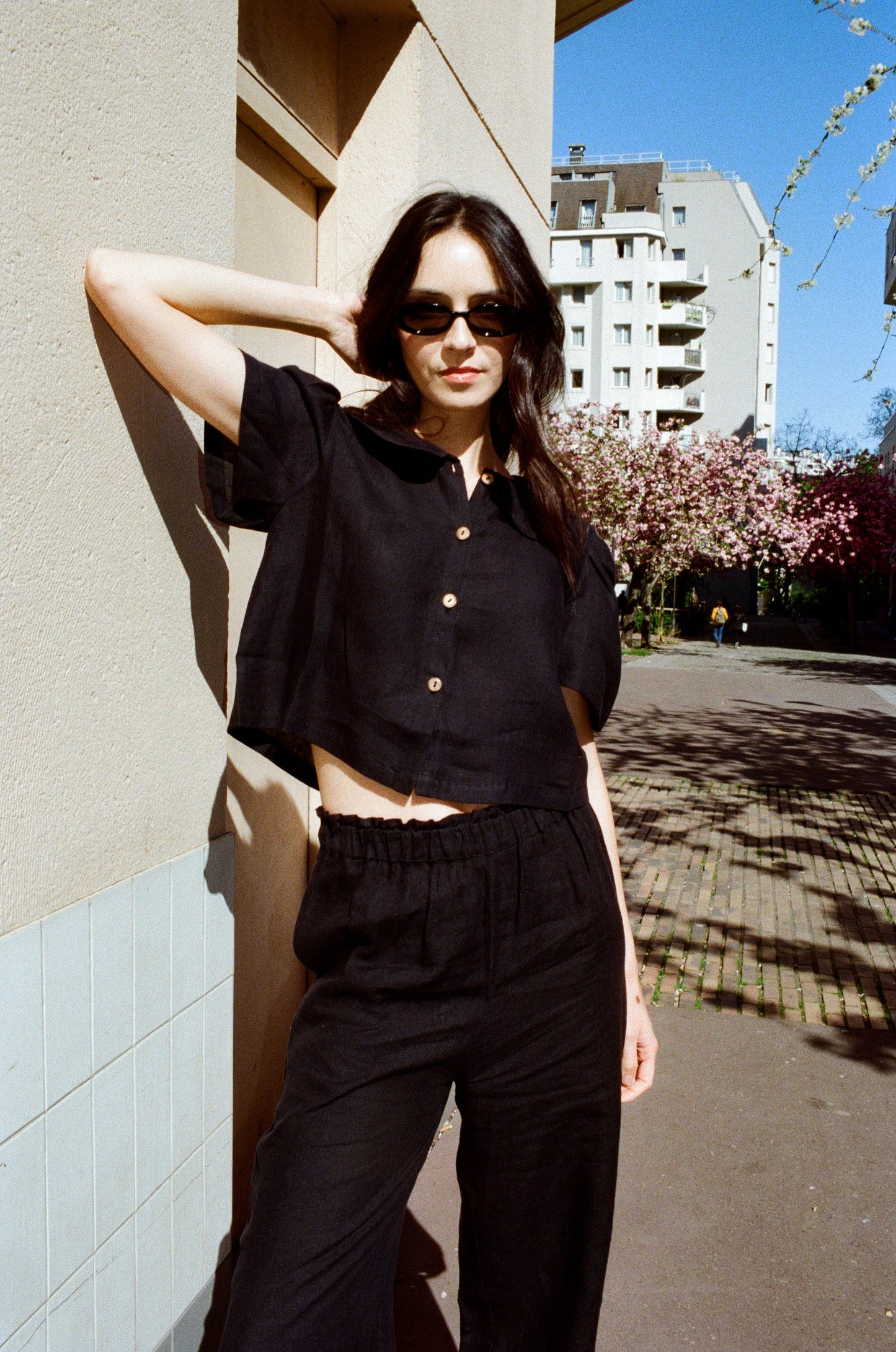 Frances Linen Cropped Blouse  - Black - Delivery from April 2026