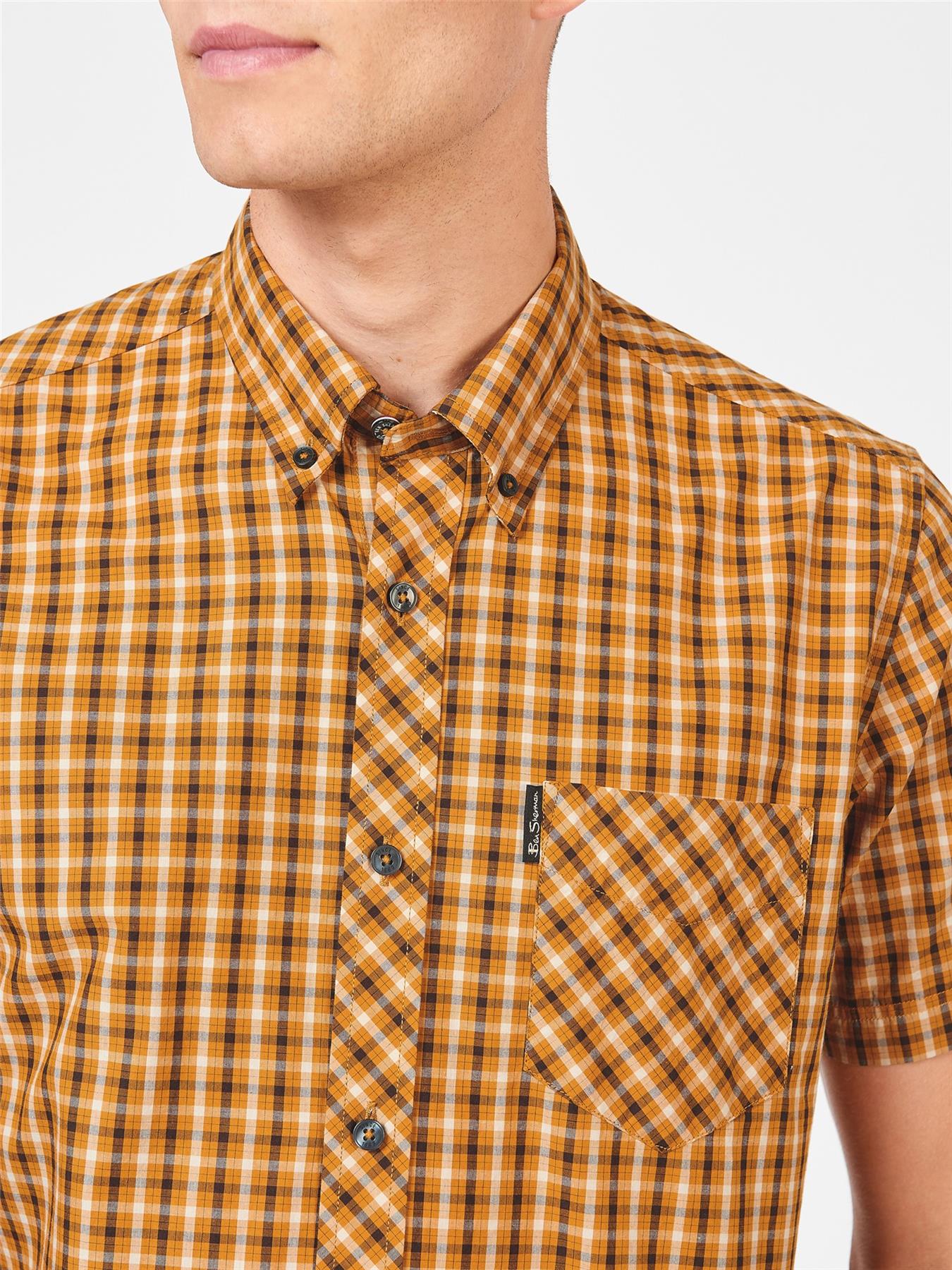 Ben Sherman Men's Short Sleeve Signature House Check Shirt in Mustard, Sizes 2XL to 5XL