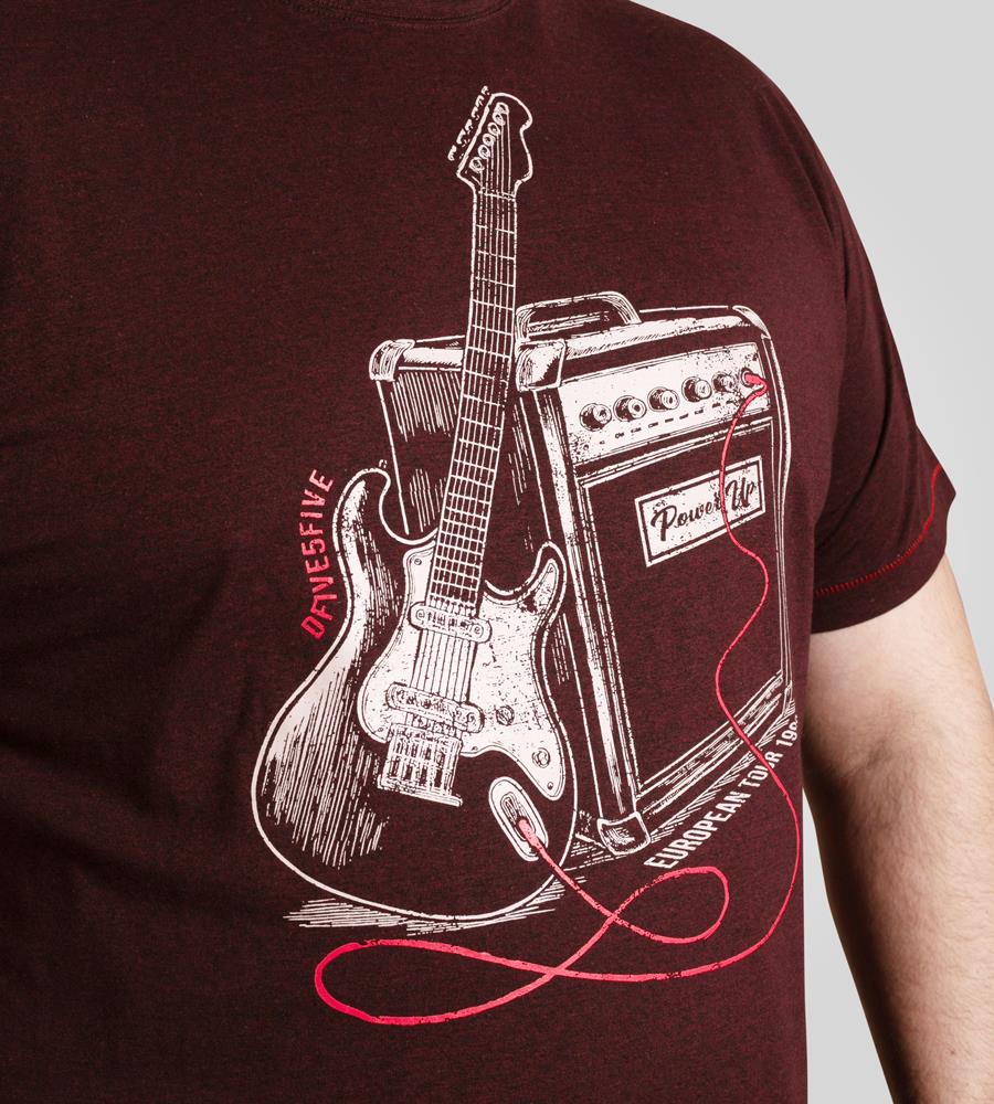 D555 BARNSLEY Guitar And Amp Printed Crew Neck T-shirt For Men in Burgundy, 2XL-10XL