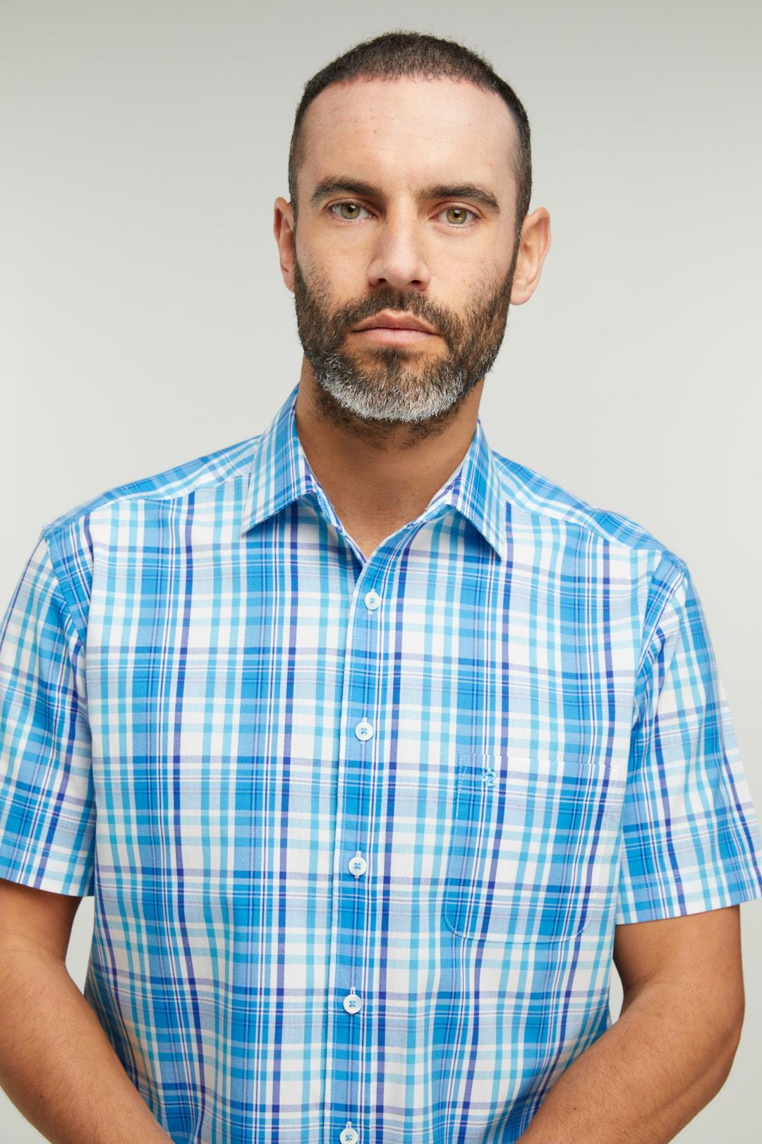 Double Two Life Style Men's Pure Cotton Short Sleeve Blue Window Check Shirt (1037A) 2XL-5XL