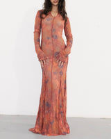 Burnt Orange / Red Vintage Floral Lace Mesh Maxi Dress