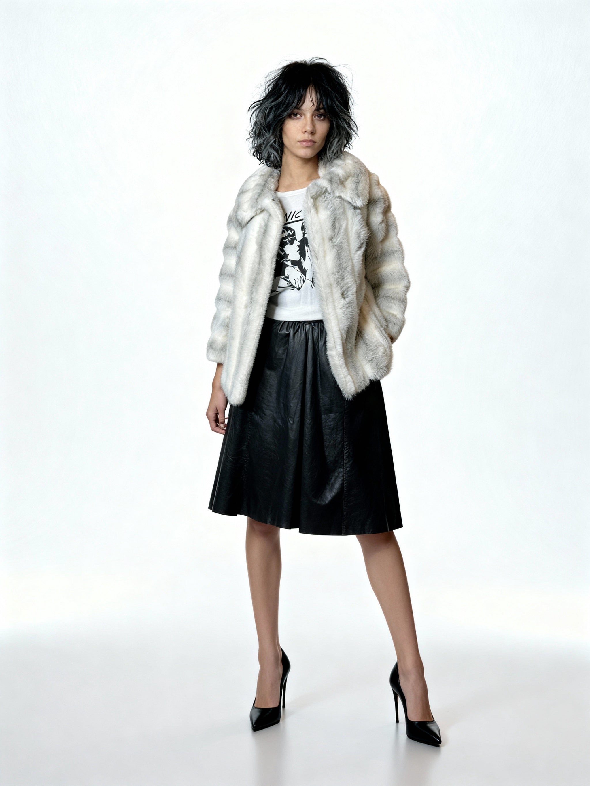 Original 1970's Vintage White & Grey Faux Fur Coat UK 8 - 12