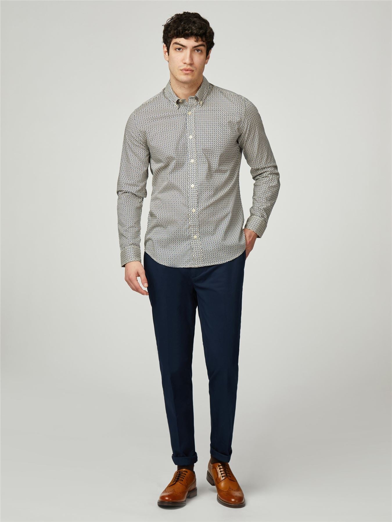 Ben Sherman Big Size Split Spot Print Long Sleeve Shirt For Men in Fog, 2XL-5XL