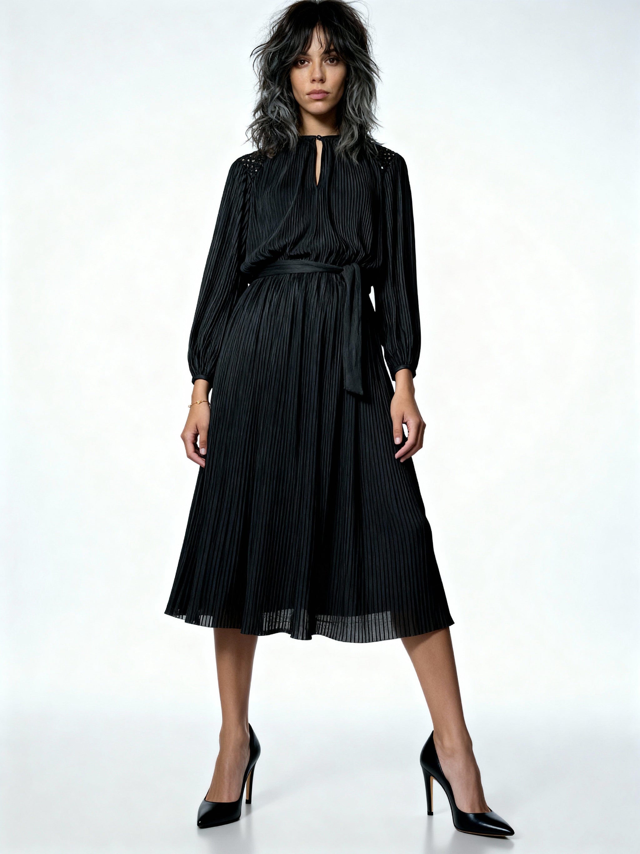 1970'S Vintage Original Black Pleated Long Sleeved Dress Uk 10 - 12