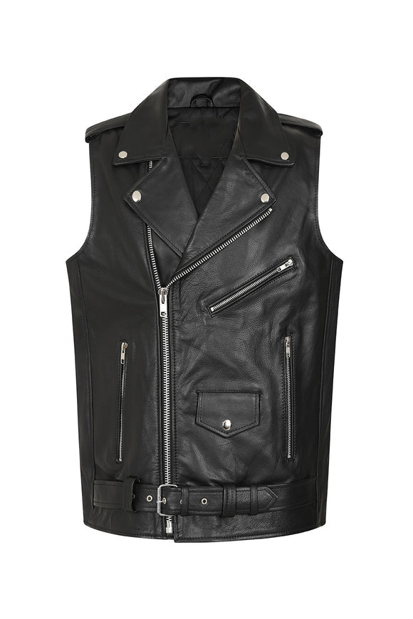 Men's Leather Biker Vest with Zipper, Belted Waist | Black