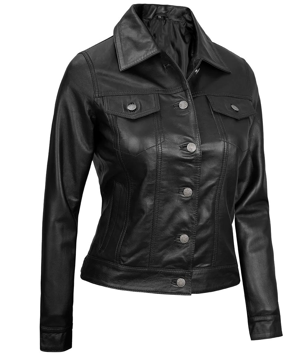 Women's Real Leather Cafe Racer Style Jacket | Black
