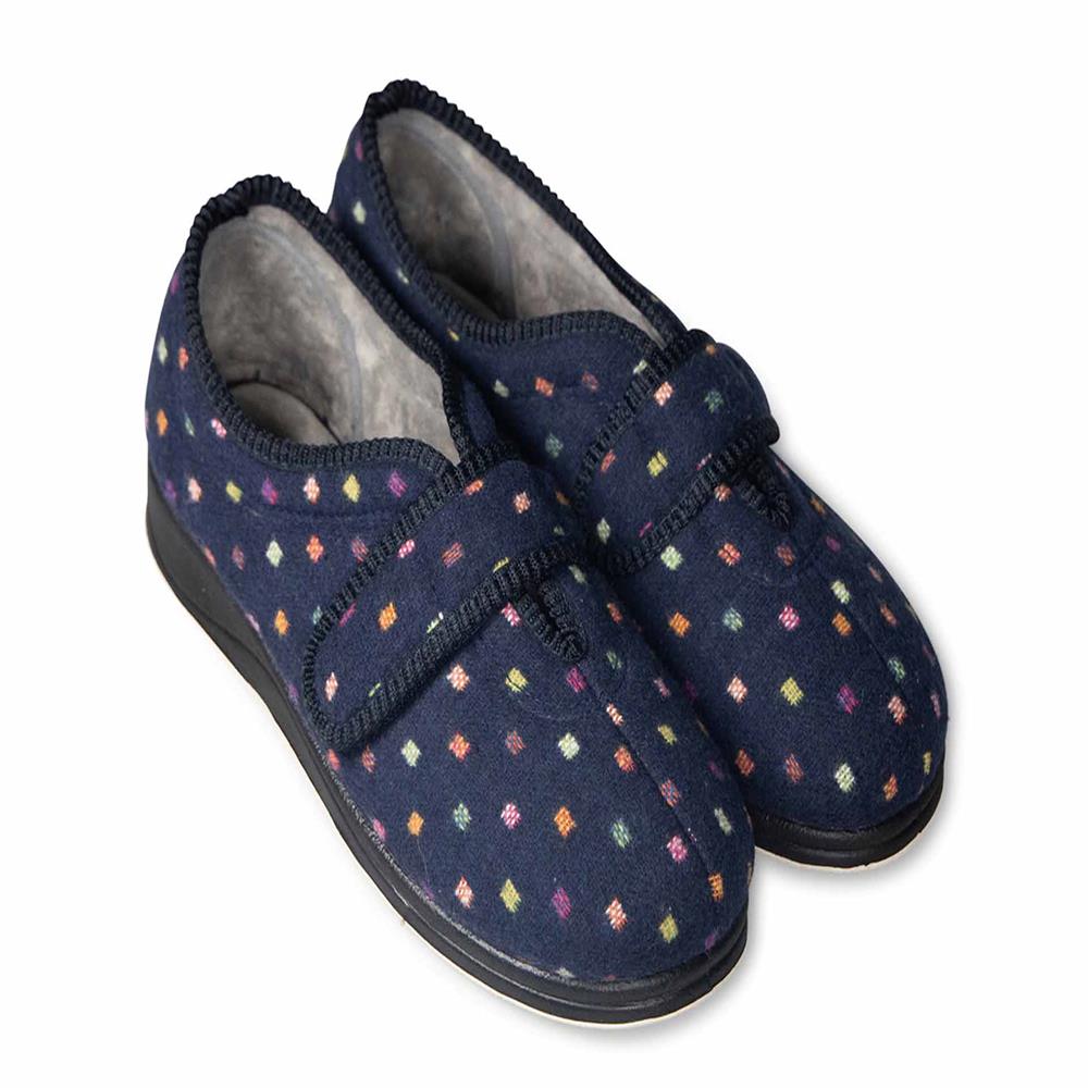Padders Ladies Slippers 2E Fit Vulcanised CAMILLA - Navy Woven Spot
