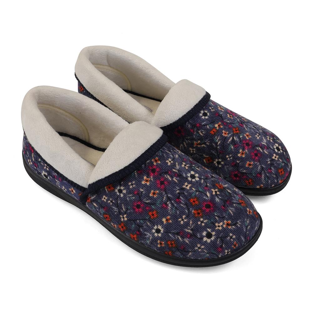 Padders Ladies Slippers 2E Fit DM Construction MELLOW - Denim Floral Cord