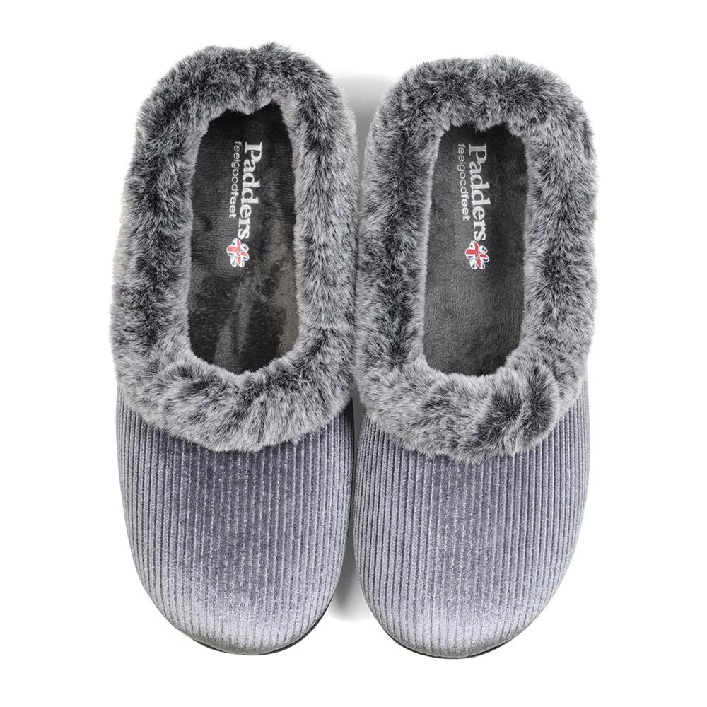 Padders Ladies Dual Fit Slippers 2E/3E SHAE - Grey Sparkle Cord