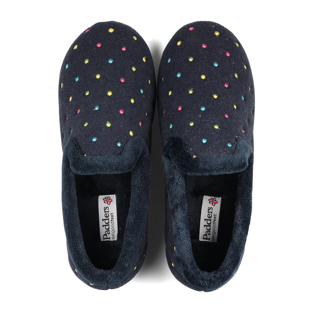 Padders Ladies Slippers 2E Fit Vulcanised REPOSE - Navy Woven Spot