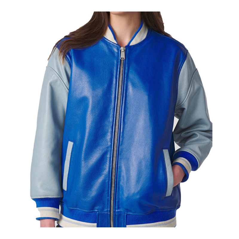 Women's Varsity Leather Suede Bomber Jacket | Blue