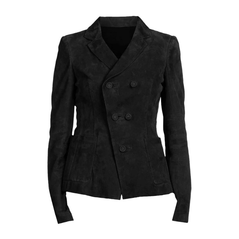 Women's Suede Leather Formal Business Double Breasted Jacket, Notched Lapel Collar | Black