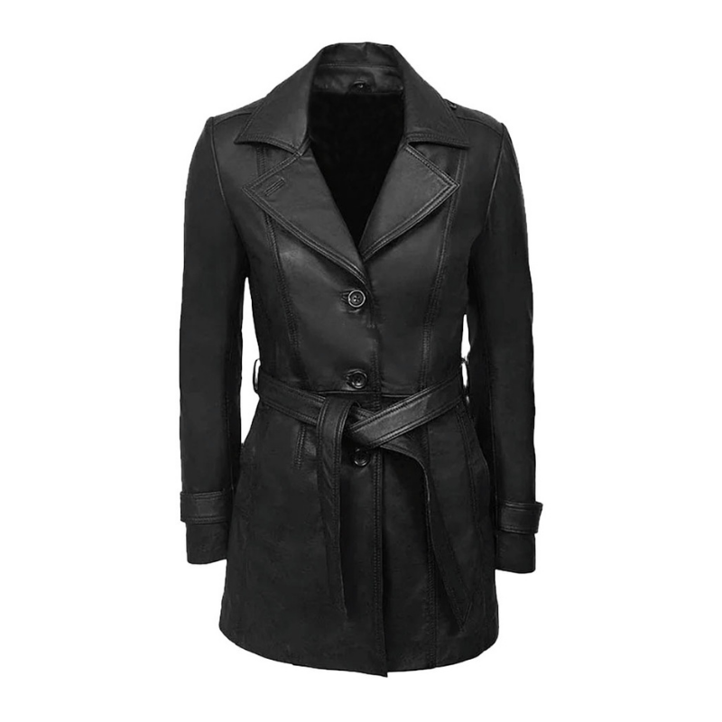 Women's 3/4 Length Leather Coat | Black