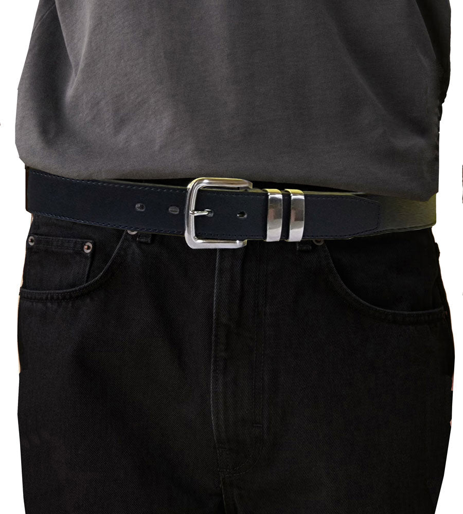 DUKE LONDON DOUBLE METAL LOOP FASHION BELT IN STITCHED BONDED LEATHER (KS126S) 3.5CM WIDE IN WAIST SIZE 42 TO 64