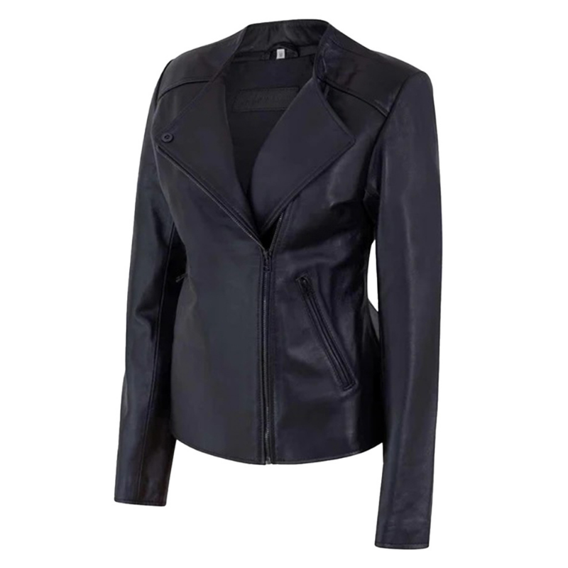 Women's Motorcycle Jacket Zip Front with Lapel Collar | Black