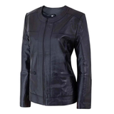 Women's Café Racer Zip-Front Leather Jacket, Collarless Design | Black