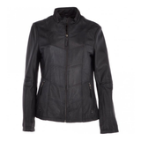 Women's Biker Style Leather Jacket With Zip Front & Stand Collar | Black