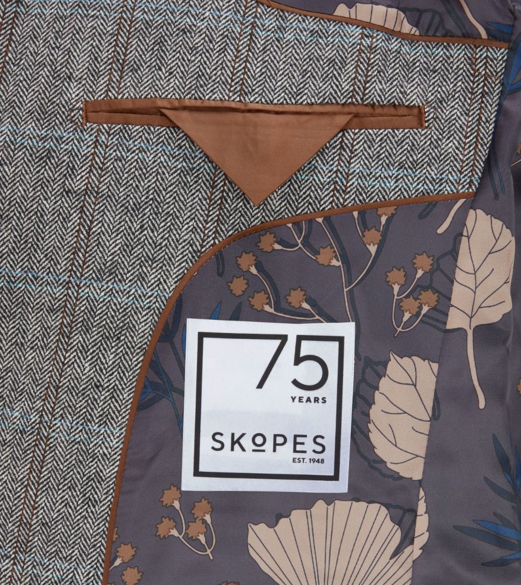 Skopes Rowan Suit Tailored Fit Jacket For Men in Grey Herringbone Check, 34S to 64L