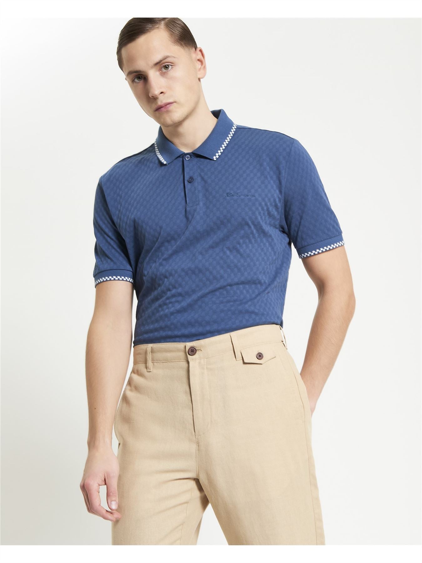 Ben Sherman Chequerboard Texture Polo Shirt For Men in Indigo, 2XL-5XL