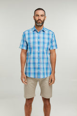 Double Two Life Style Men's Pure Cotton Short Sleeve Blue Window Check Shirt (1037A) 2XL-5XL