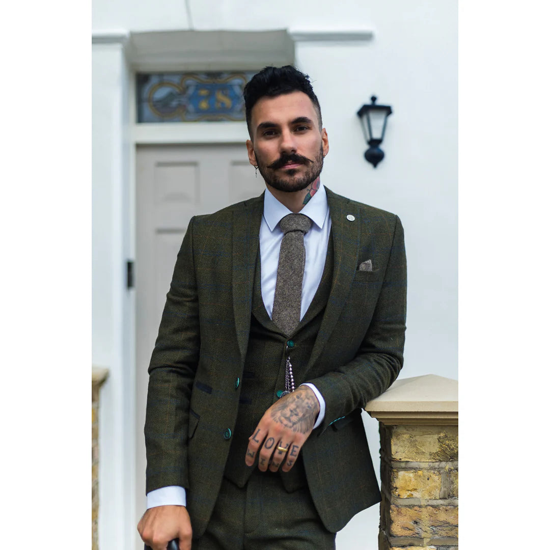 STZ71 - Men's 3 Piece Suit Wool Tweed Green Blue Brown Check 1920s Gatsby Formal Dress Suits