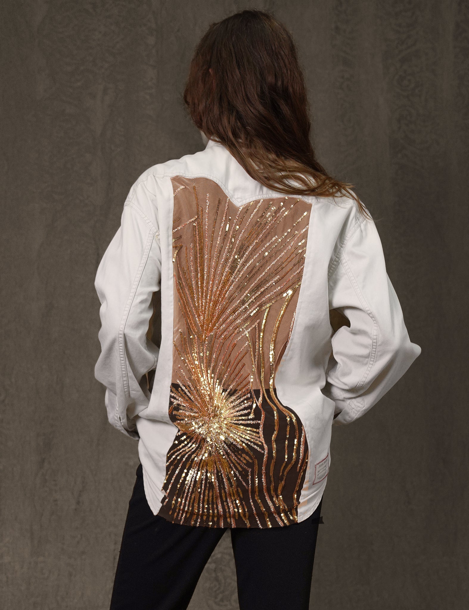 Party Back Shirt - Gold Sequin - White Denim