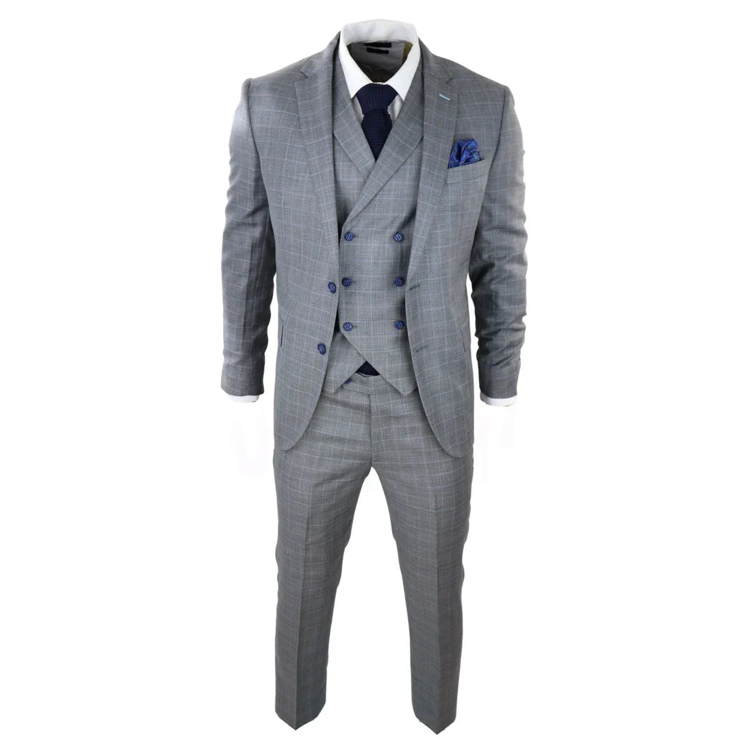 Men's Light Grey 3 Piece Suit Blue Check Double Breast Waistcoat Office Wedding Prom