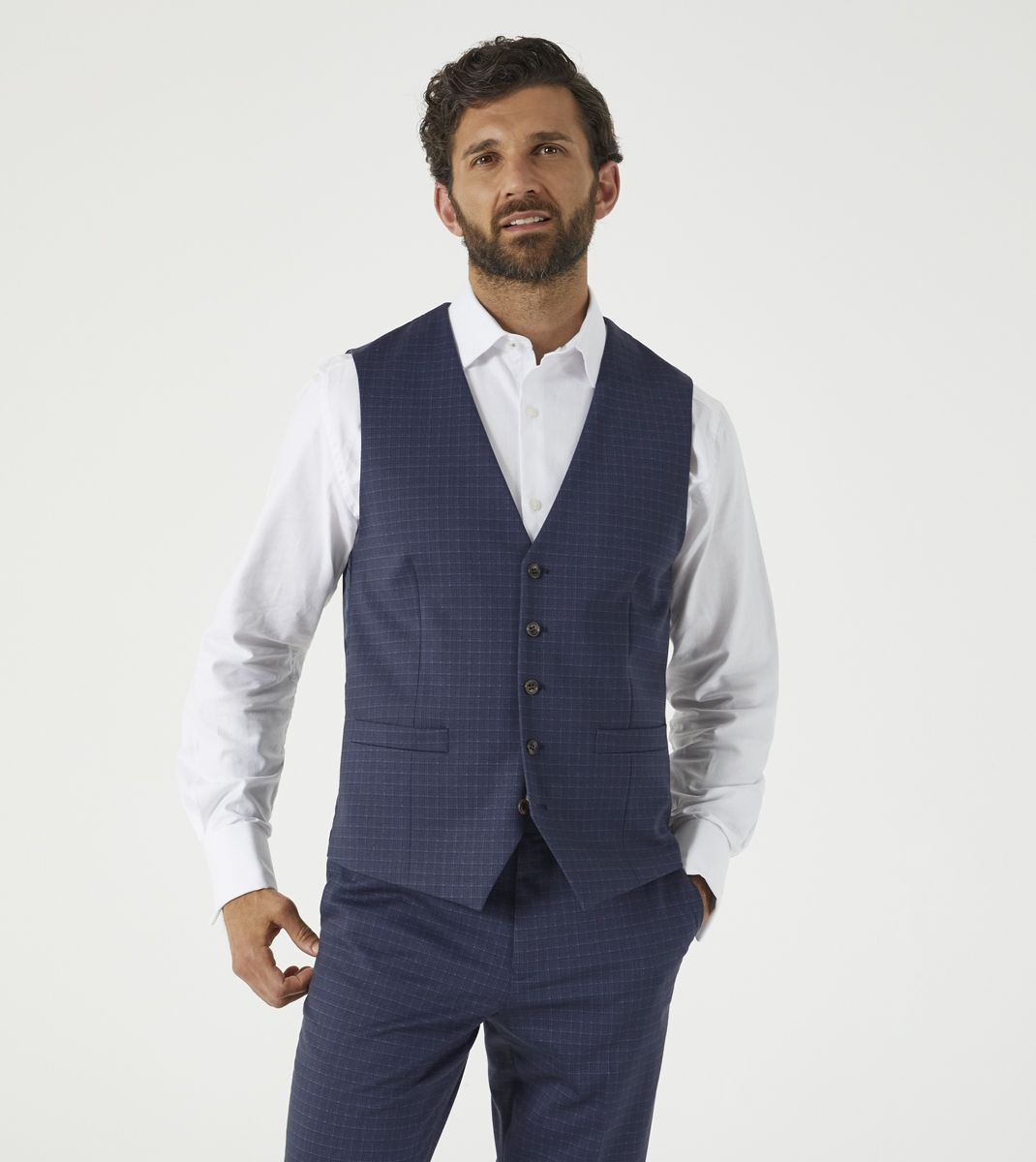 Skopes Fenton Ultimate Comfort Suit Waistcoat For Men in Navy Blue Square Check, 34R to 62R