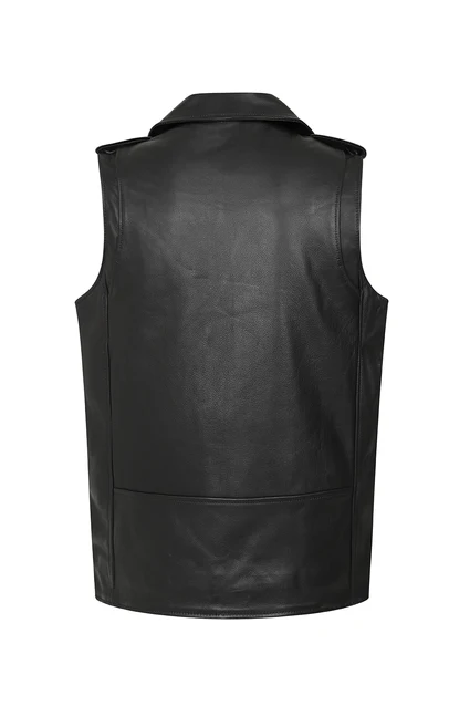 Men's Leather Biker Vest with Zipper, Belted Waist | Black