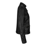 Women's Leather Motorcycle Jacket Multiple Zip Pockets Stand Collar | Black