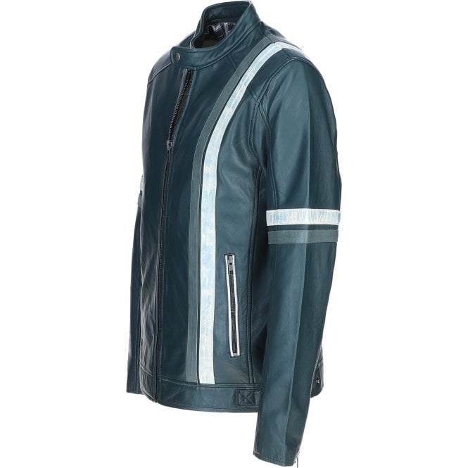 Men's Motorcycle Leather Jacket Gray & White Stripes | Blue & Black