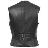 Women's Sheepskin Leather V Neck Vest, 4-Button Closure, Back Adjuster Strap | Black
