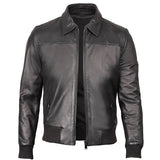Men's Bomber Leather Jacket  Ribbed Collar & Cuff | Black