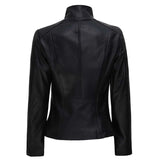 Womens Café Racer High Neck Fitted Leather Jacket | Black