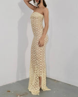Butter Yellow Lace Bardot Top Stretch Midi / Maxi Dress