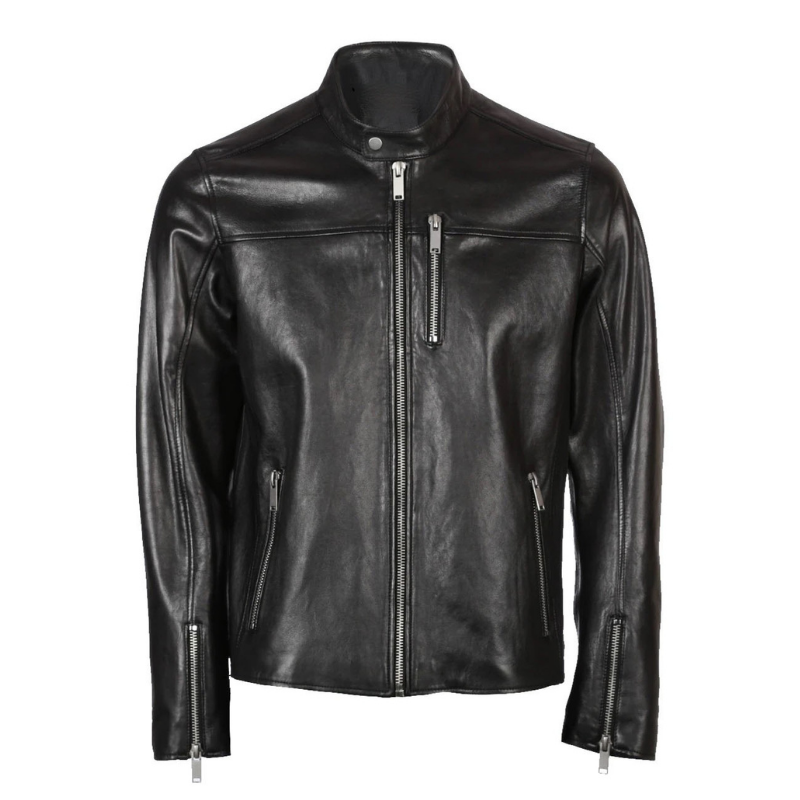 Men's Band Snap Tab Collar Biker Leather Jacket | Black