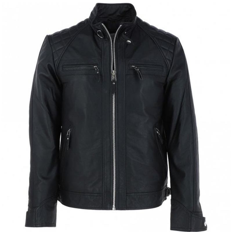 Men's Motorcycle Leather Jacket, Multiple Zippered Pockets | Black