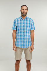 Double Two Life Style Men's Pure Cotton Short Sleeve Blue Window Check Shirt (1037A) 2XL-5XL