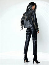 Original 1980's Vintage Black Leather Fringed Biker Jacket UK 10 - 14