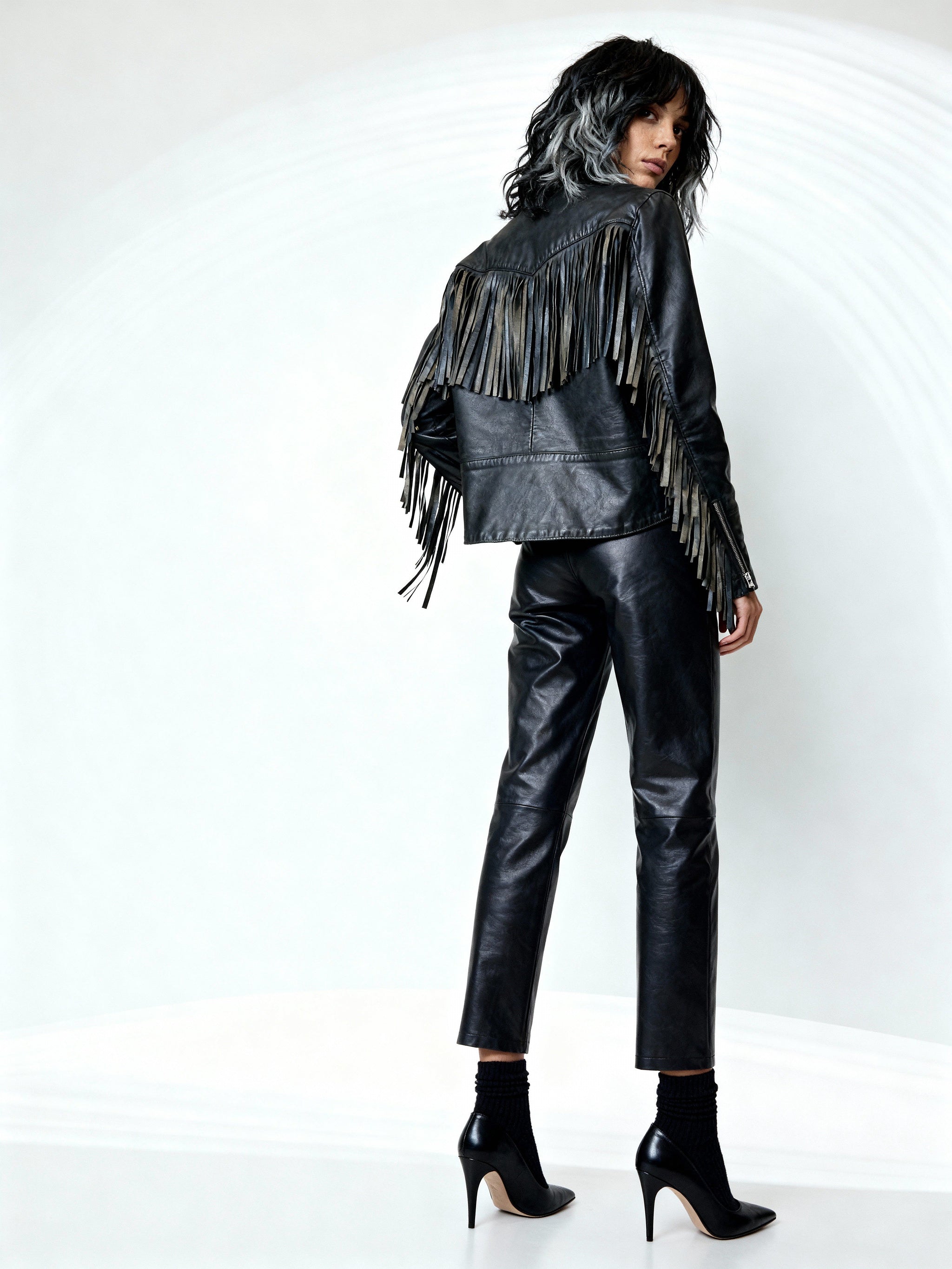 Original 1980's Vintage Black Leather Fringed Biker Jacket UK 10 - 14