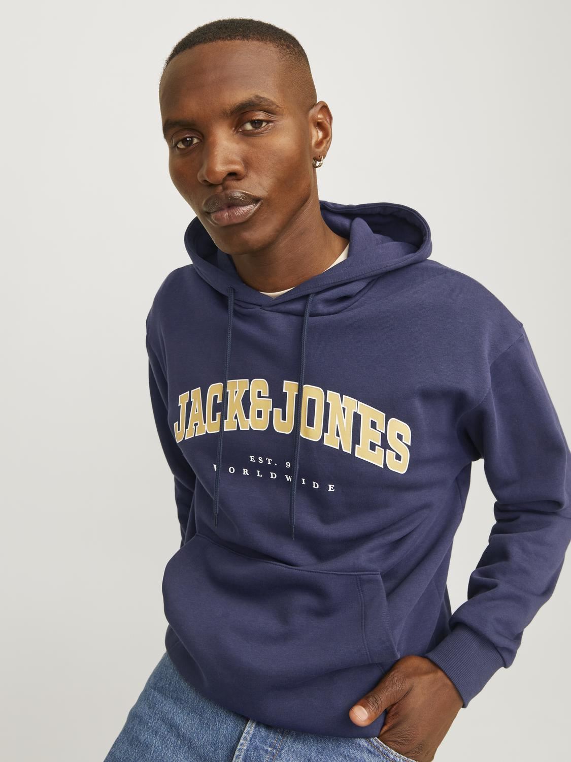 Jack & Jones Sweatshirt Hoodie For Men (JJECALEB VARSITY) in 5 Colours, L-XL