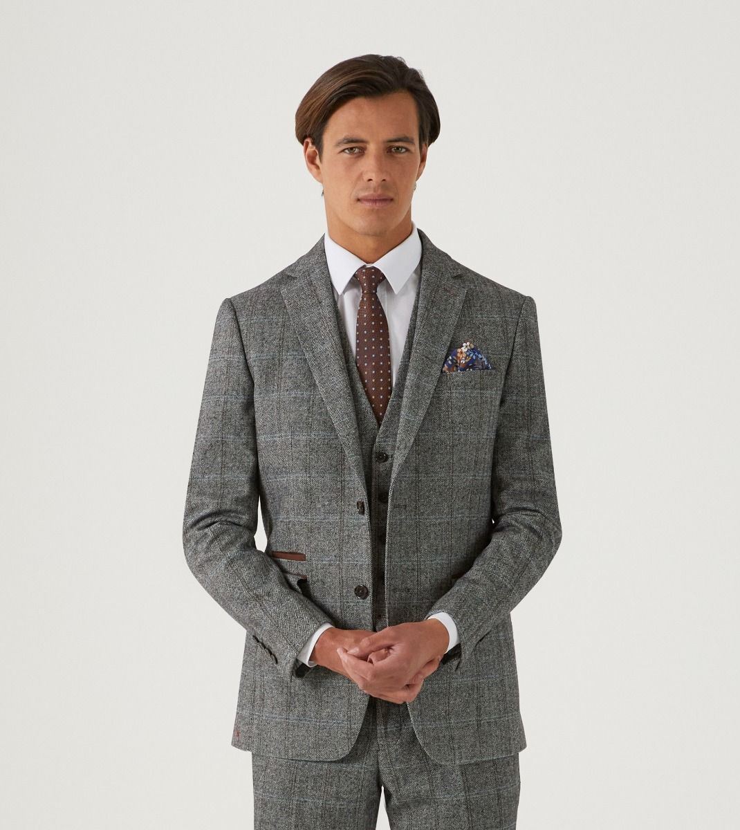 Skopes Rowan Suit Tailored Fit Jacket For Men in Grey Herringbone Check, 34S to 64L