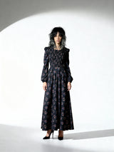 Original 1970's Vintage Black Maxi Dress With Floral Print UK 10 - 12