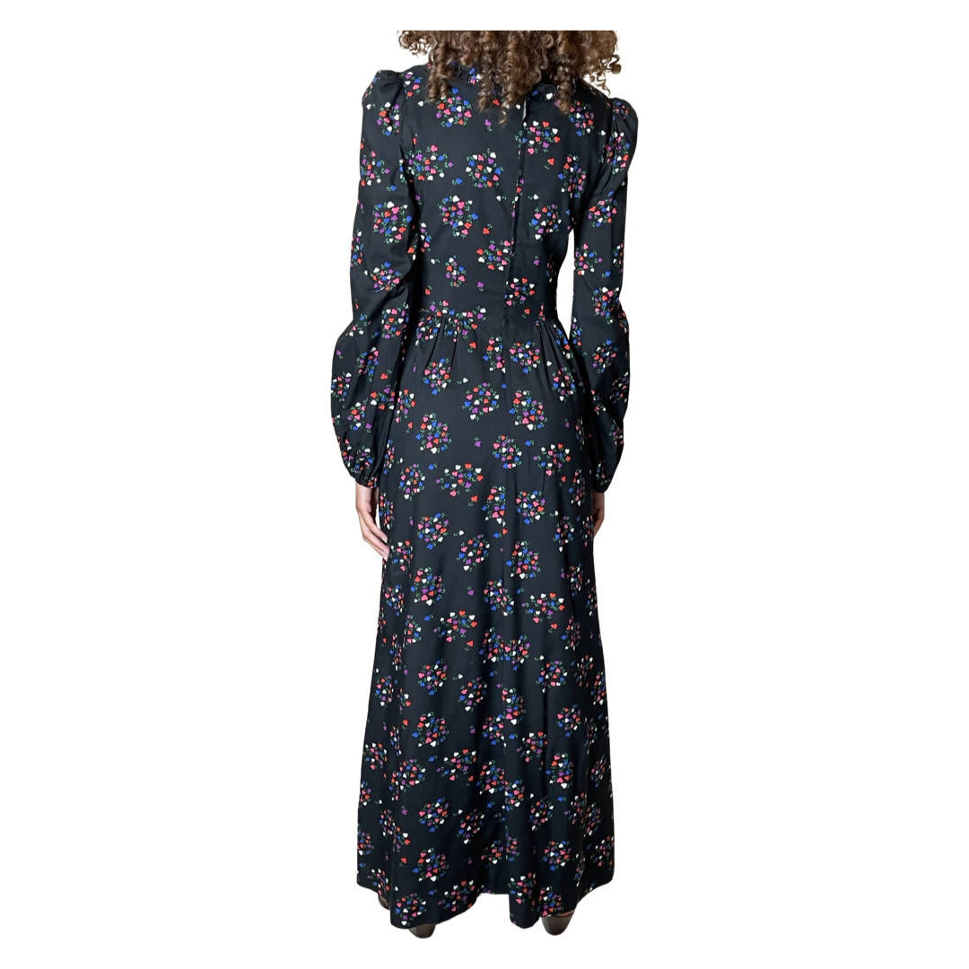 Original 1970's Vintage Black Maxi Dress With Floral Print UK 10 - 12