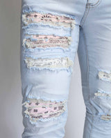 Pink Cashew Blossom Patch Blue Ripped Jeans with Light Wash
